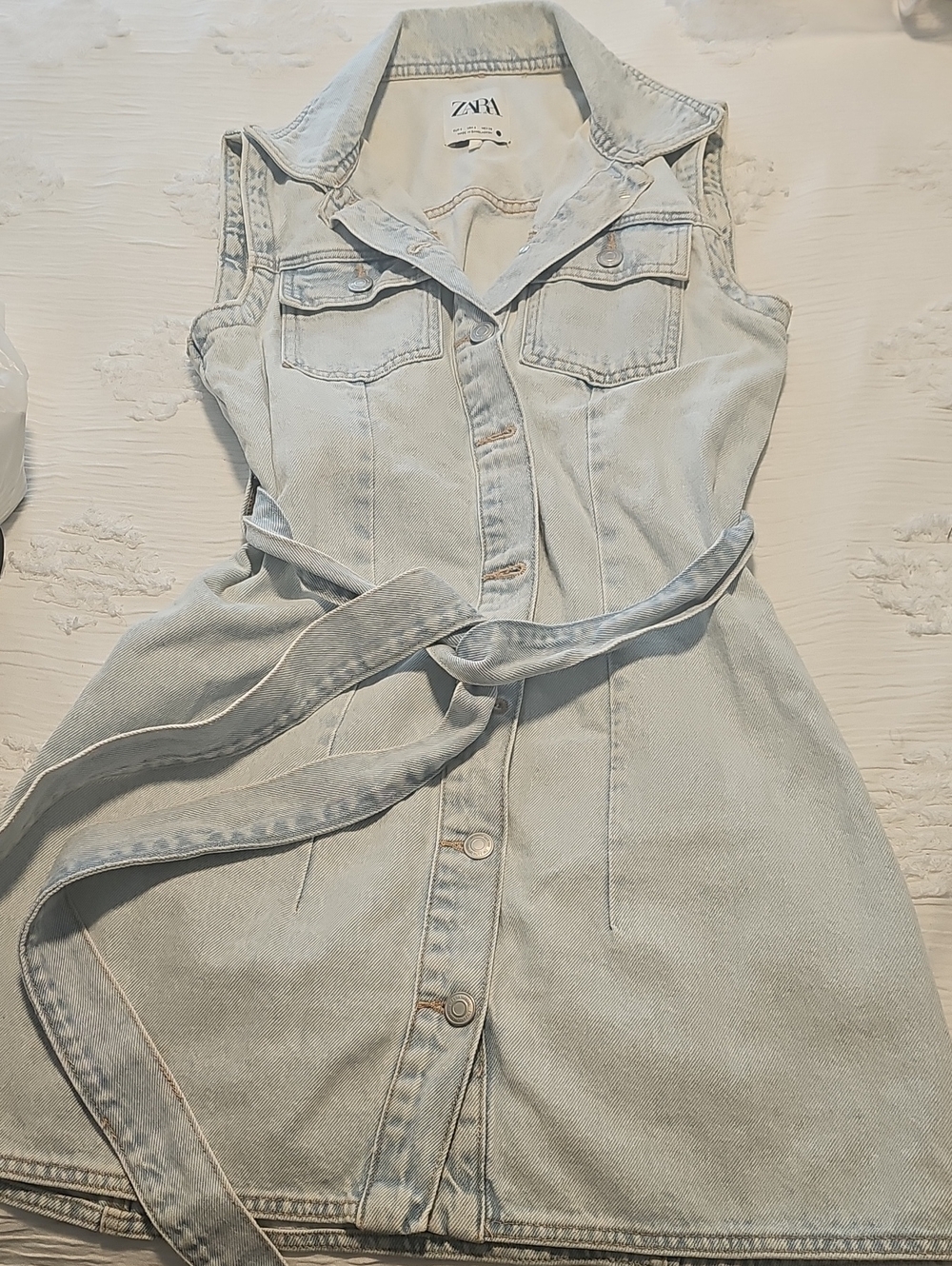ZARA Light Wash Denim Dress with Waist Tie